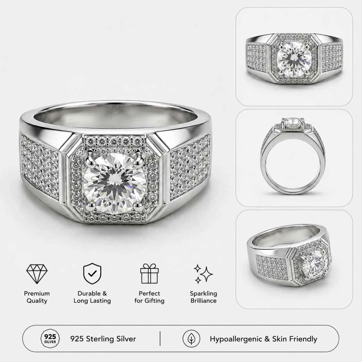 Sterling silver octagon ring featuring a pavé halo and radiant round center stone