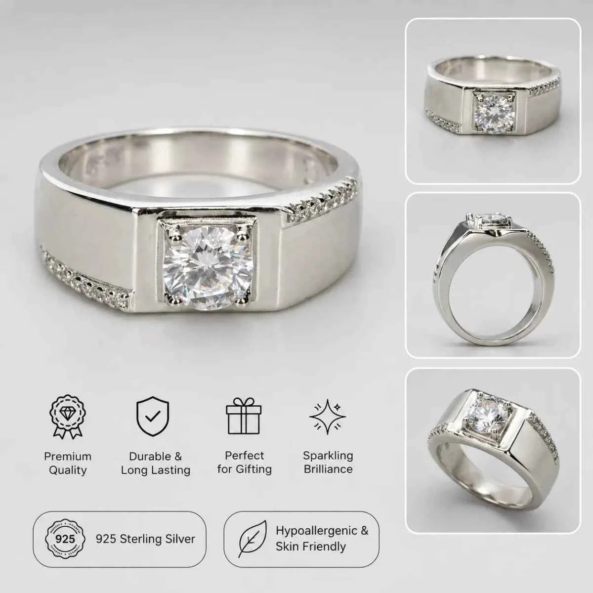 Royal Square Solitaire Silver Ring for Men - Silvorn India