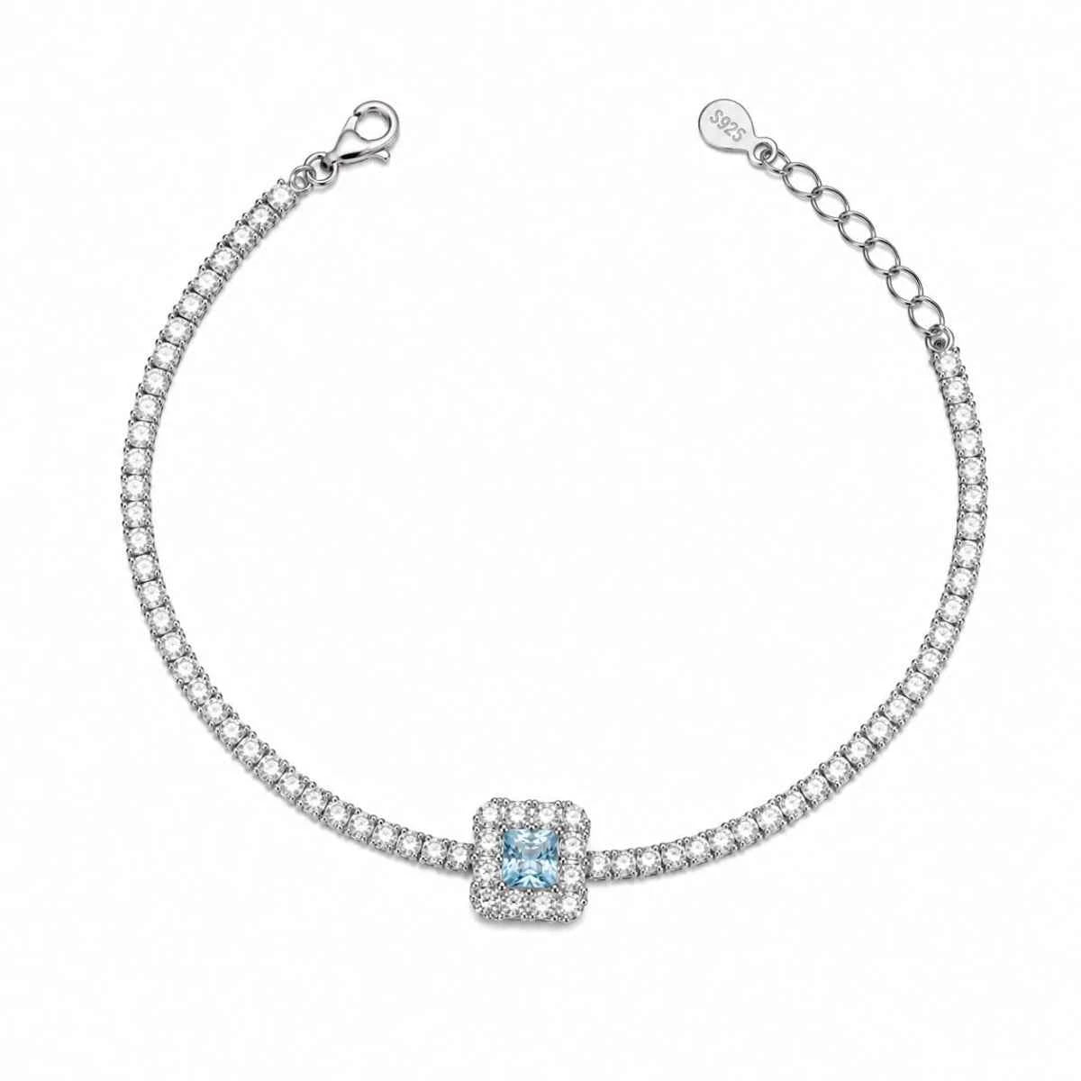 925 silver bracelet with pavé row links and a square sky-blue stone centerpiece