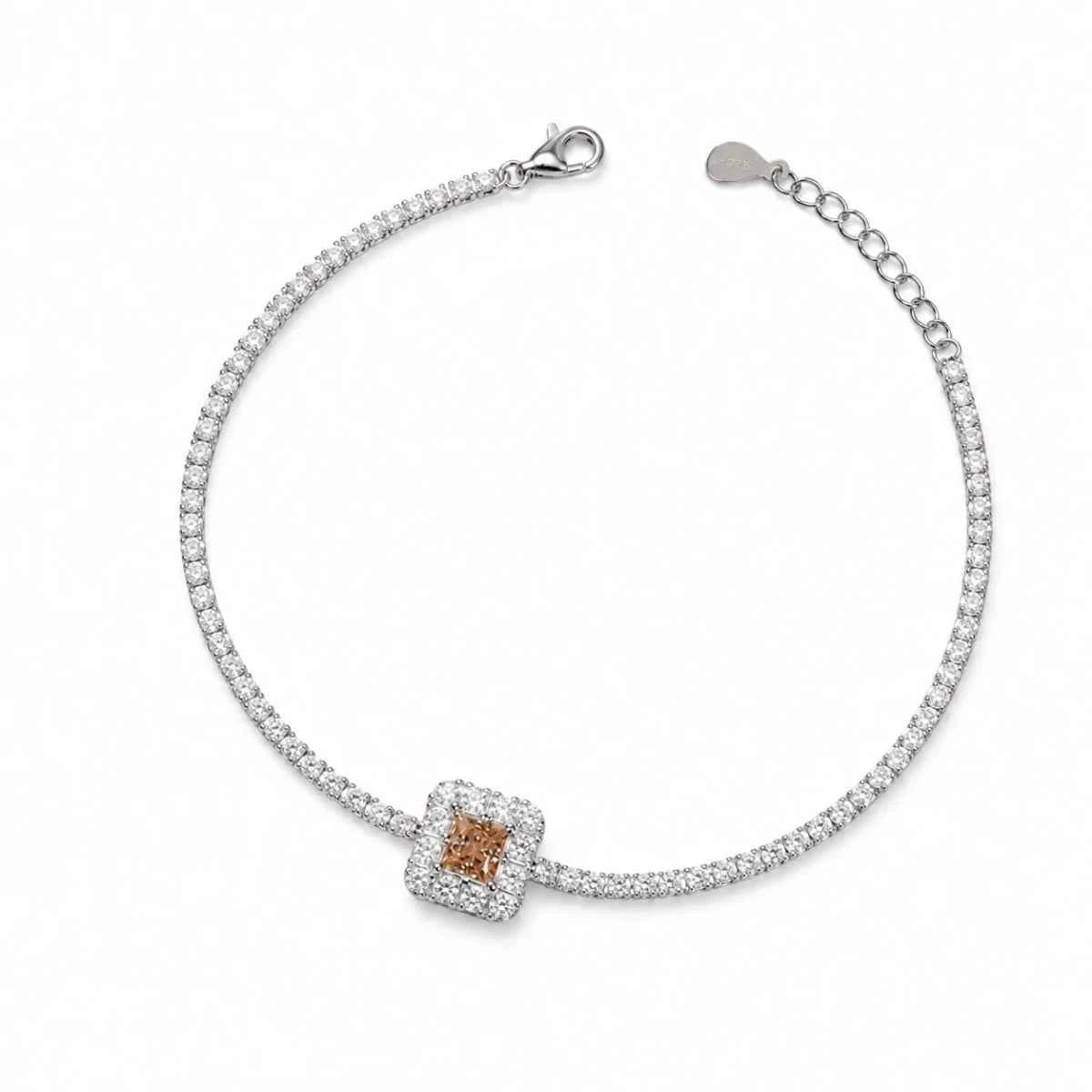 Silver square halo bracelet with clasp, tennis-style chain, and square centerpiece