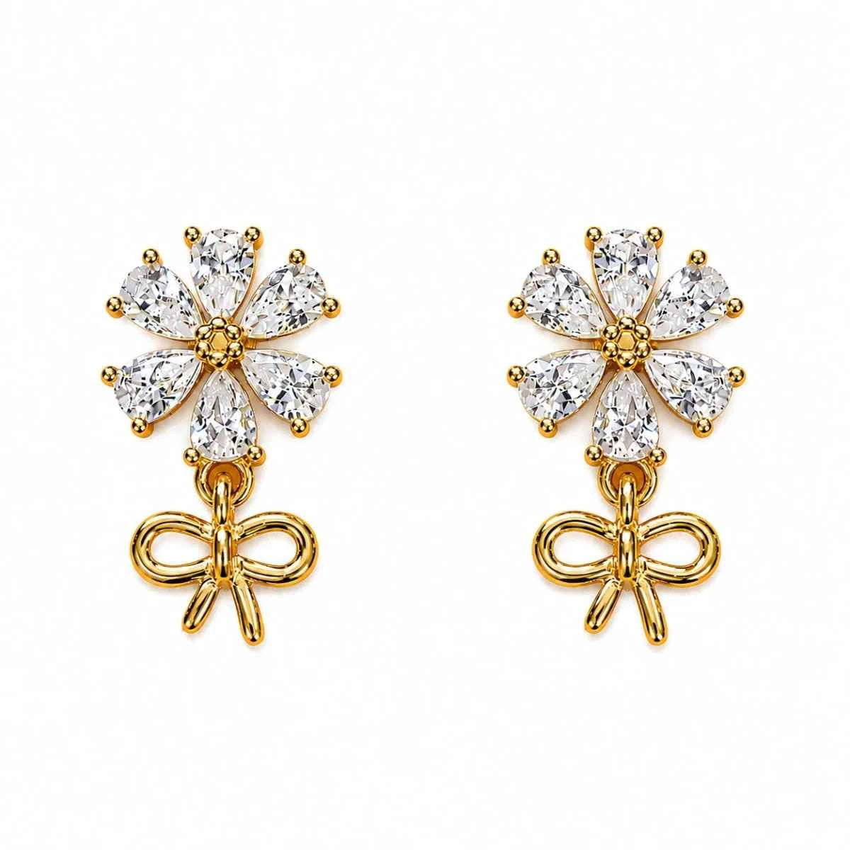 Zirconia floral drop stud earrings with bow charm, two-piece flower and ring details