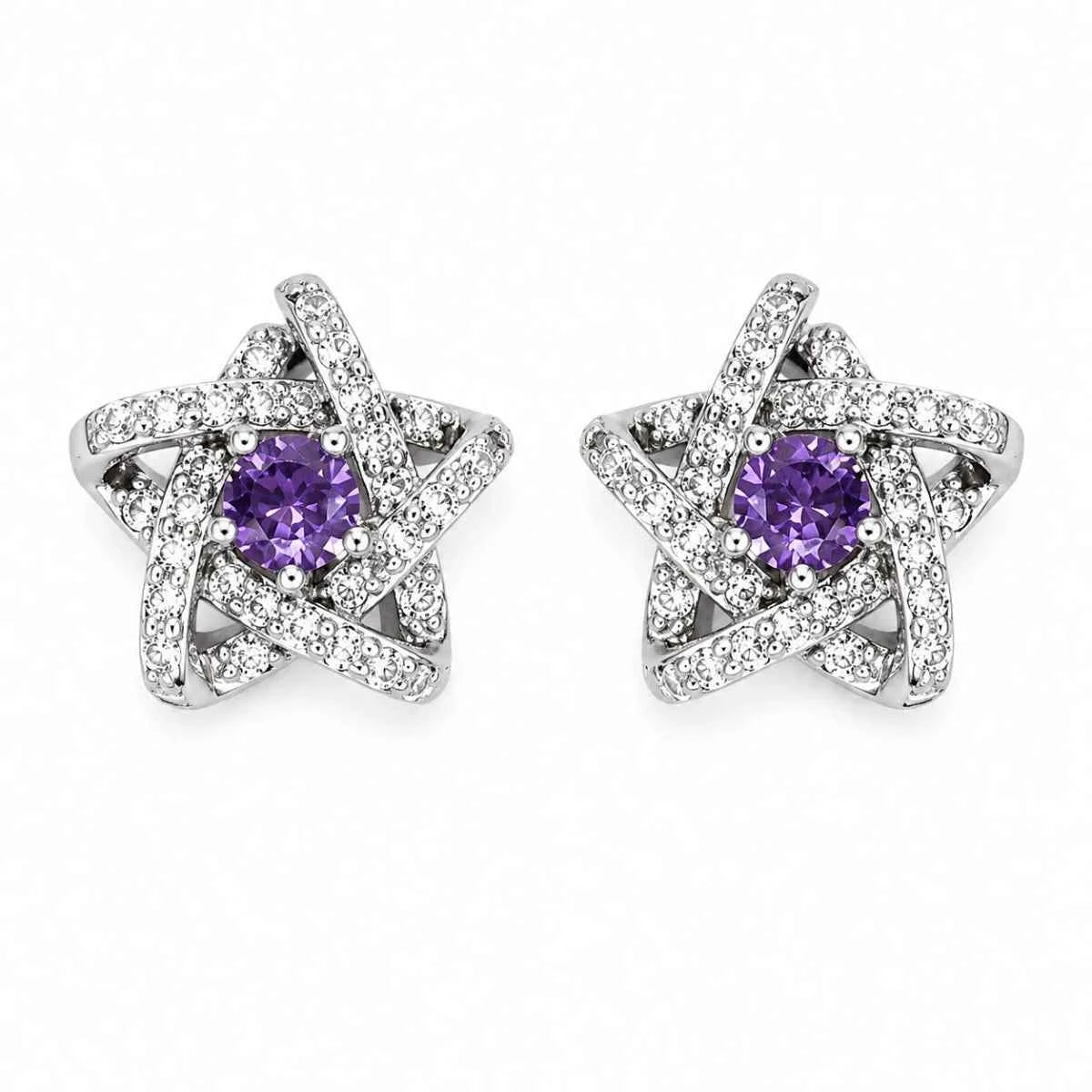 Pair of star stud earrings with purple zirconia and pave detailing, silver-tone