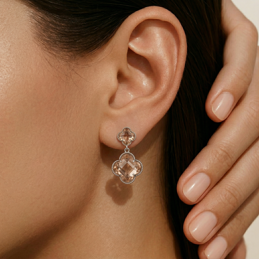 Blush Clover Crystal Drop Earrings in Silver Finish