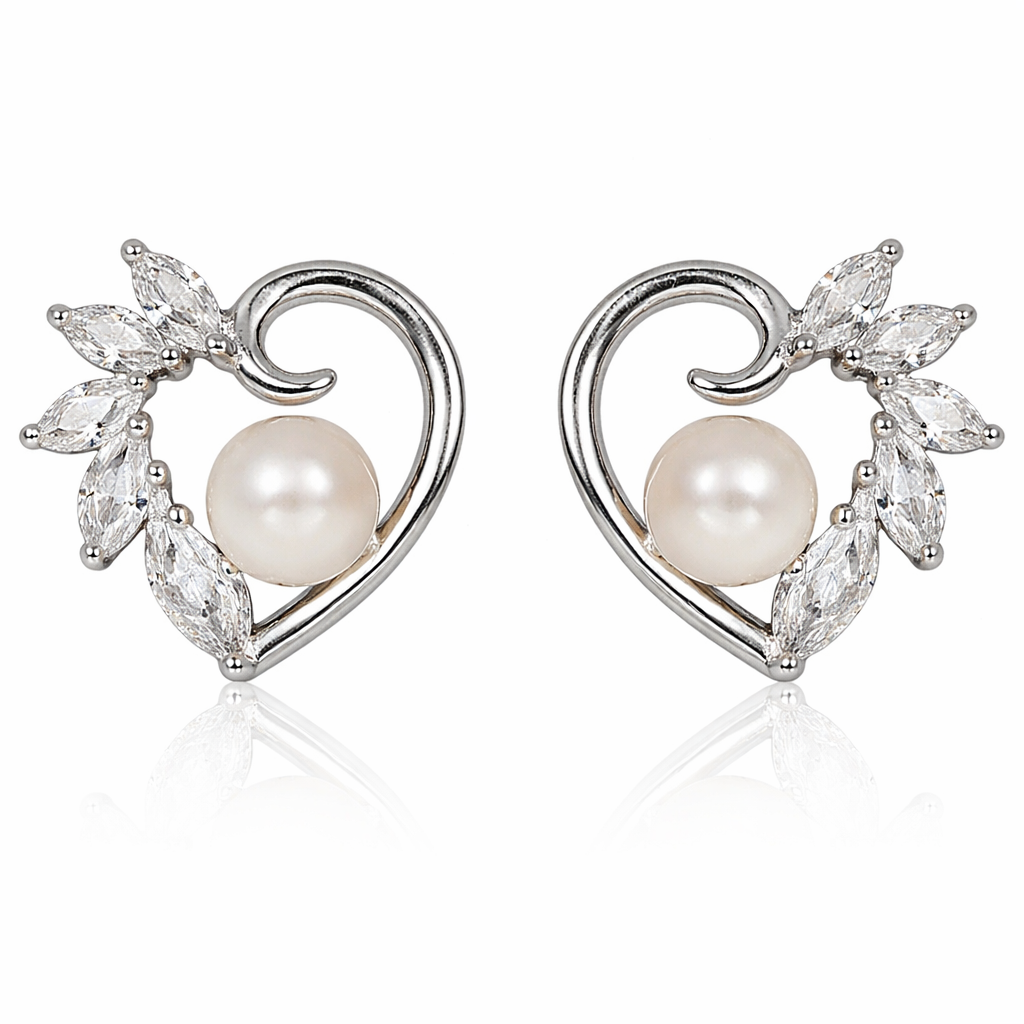 Elegant Heart Swirl Pearl & Marquise CZ Stud Earrings