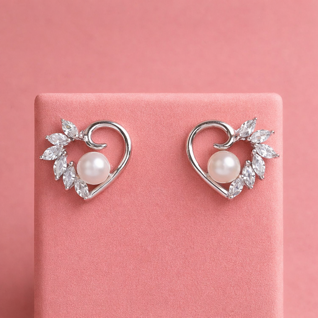 Elegant Heart Swirl Pearl & Marquise CZ Stud Earrings