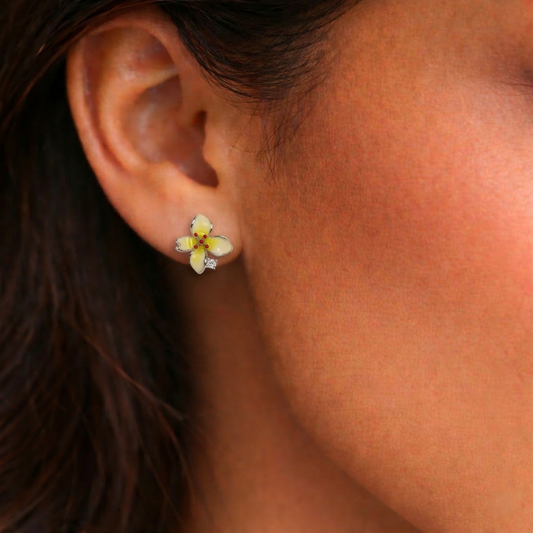 Elegant Yellow Enamel Floral Stud Earrings with Crystal Accent