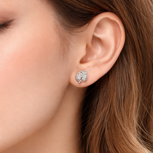 Elegant Crystal Leaf Drop Stud Earrings – Silver Tone