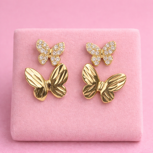 Gold-Plated Butterfly Stud Set – Pavé Zirconia & Textured Gold Duo Butterfly Earrings