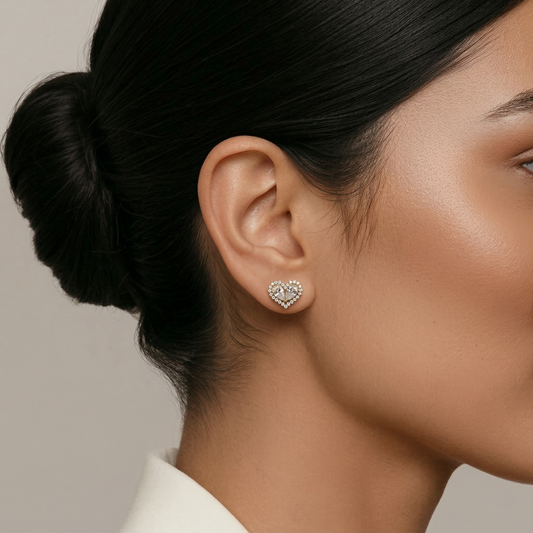 Radiant Twin Heart Zircon Gold Stud Earrings