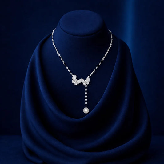 Twin Butterfly Pearl Drop Necklace