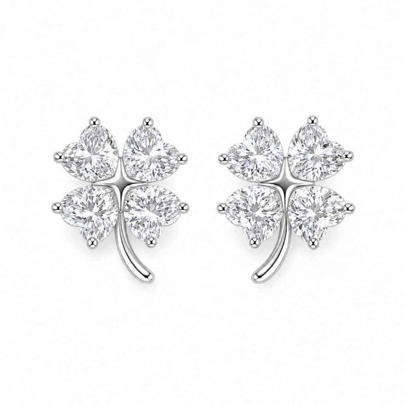 Four leaf clover stud earrings, 925 silver with clear crystal stones