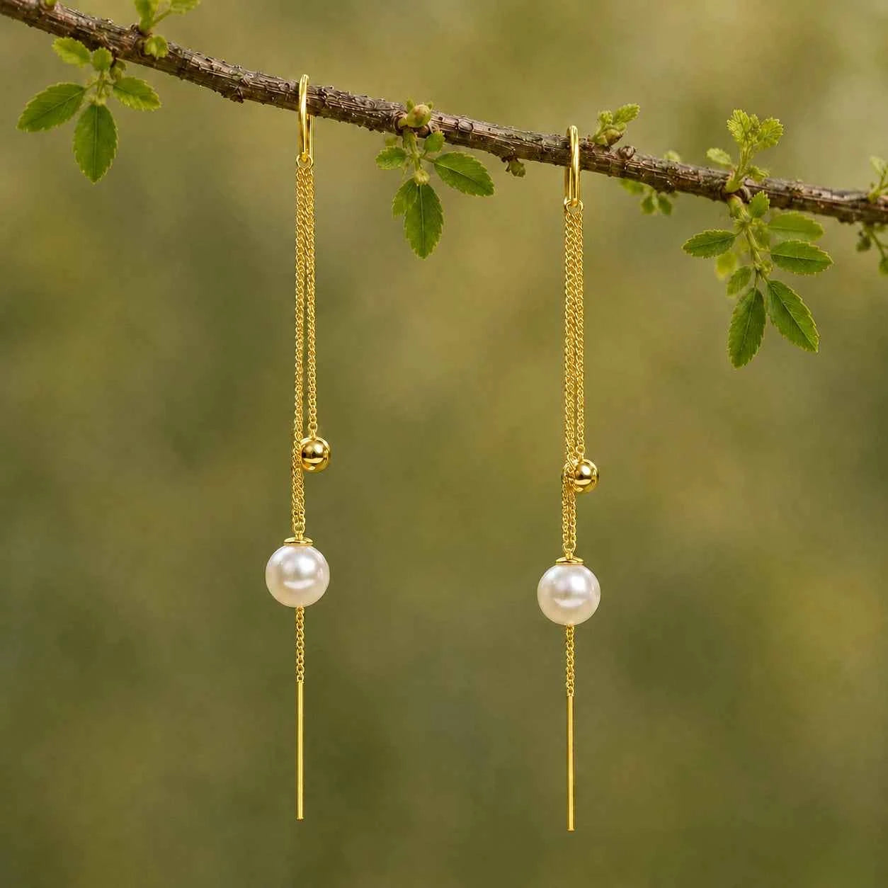 Gold Pearl Chain Drop Earrings
