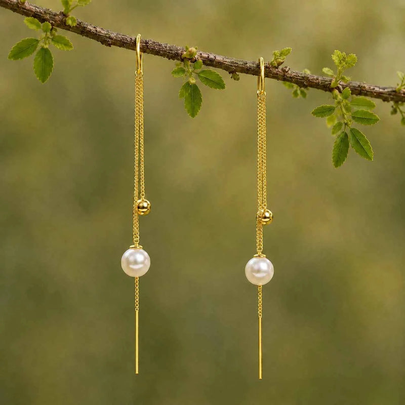 Gold Pearl Chain Drop Earrings