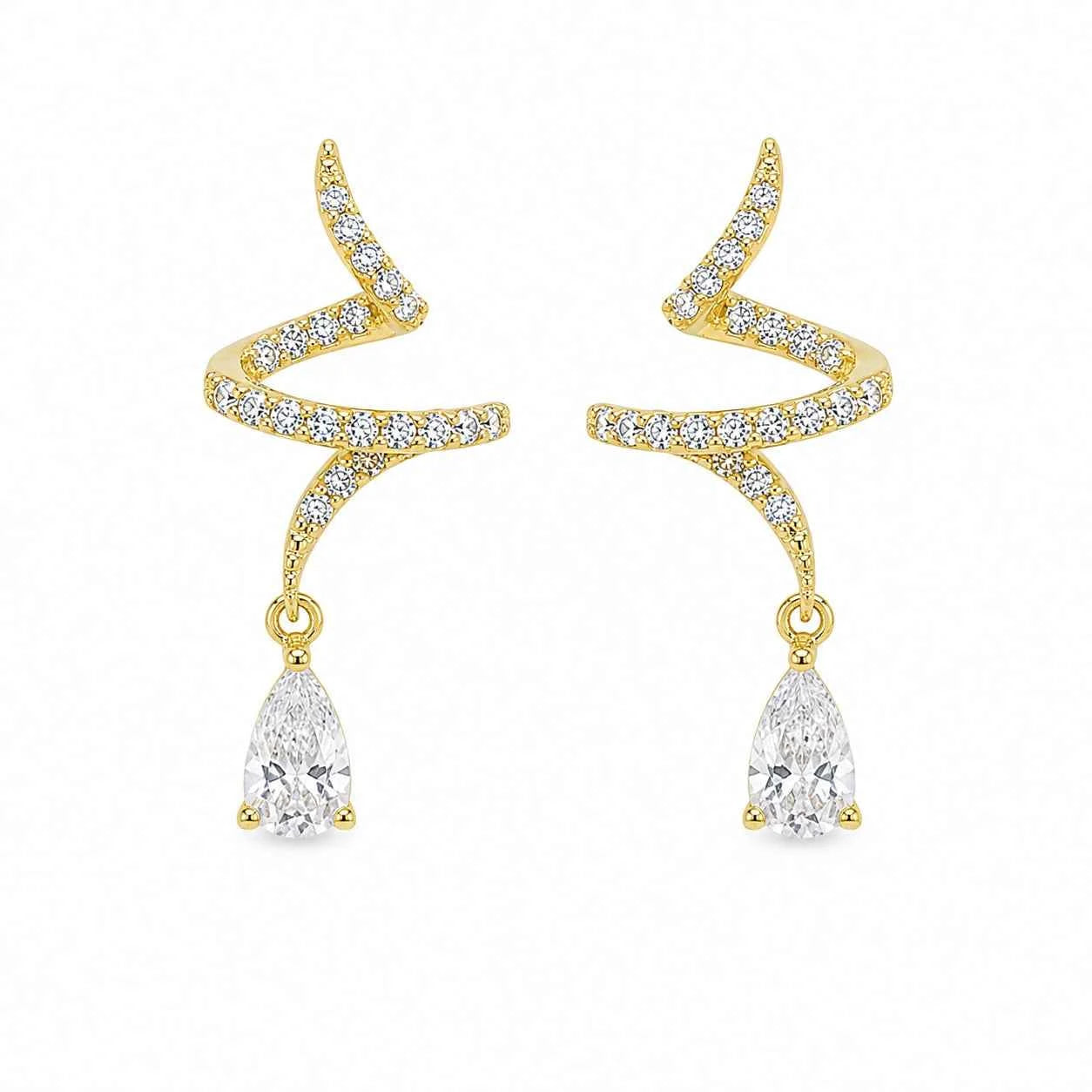 Gold-tone crystal drop earrings with zigzag swirl hoops and teardrop stones