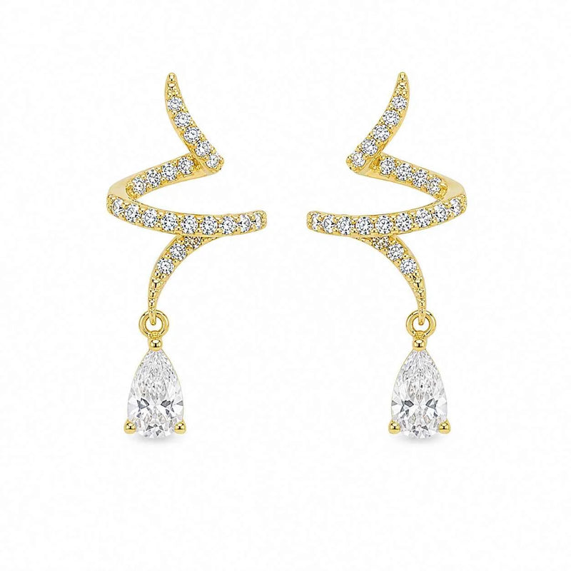 Gold-tone crystal drop earrings with zigzag swirl hoops and teardrop stones
