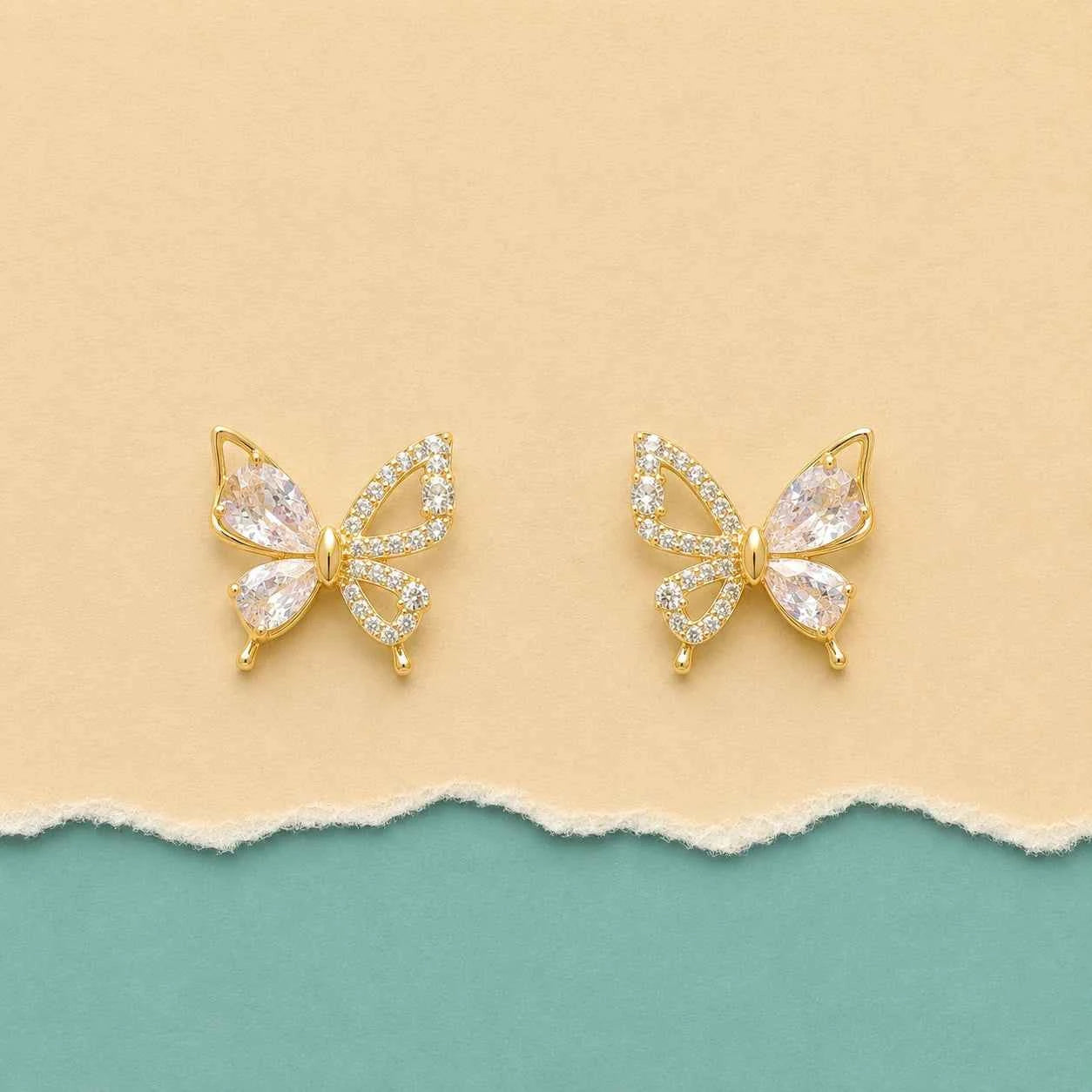 Golden Flutter Crystal Butterfly Stud Earrings