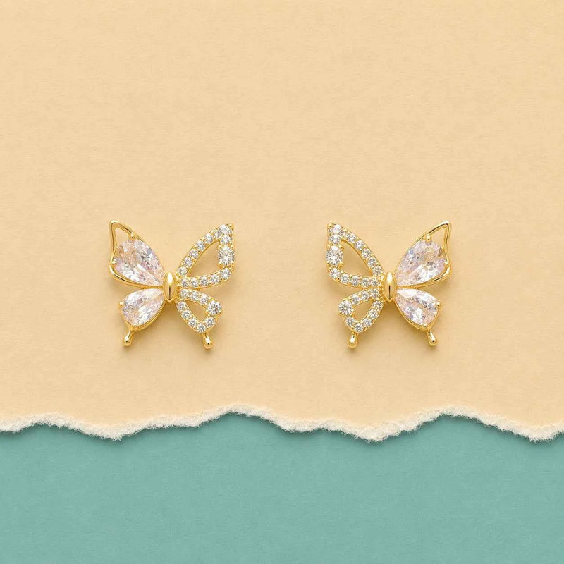 Golden Flutter Crystal Butterfly Stud Earrings