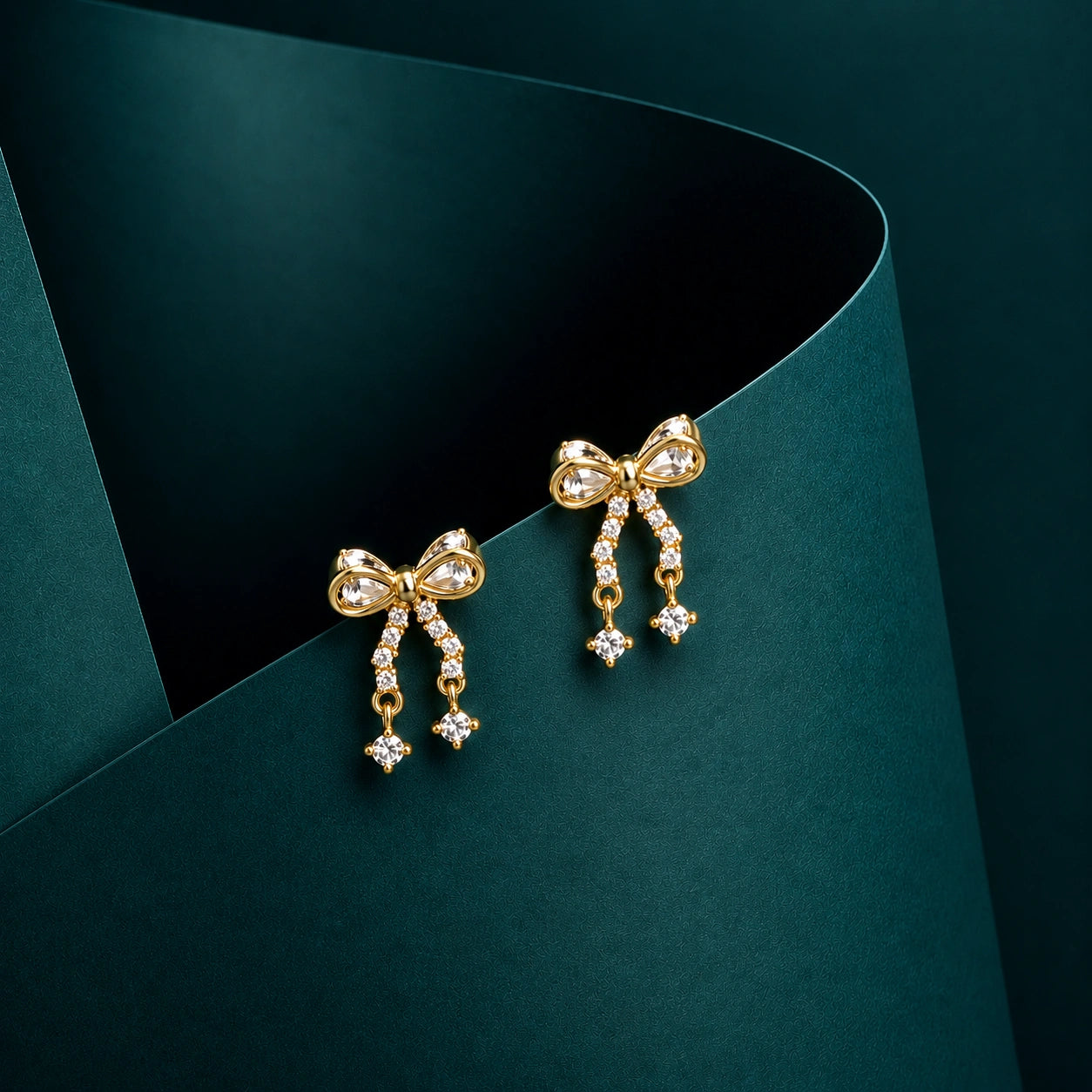Golden Ribbon Sparkle Drop Stud Earrings