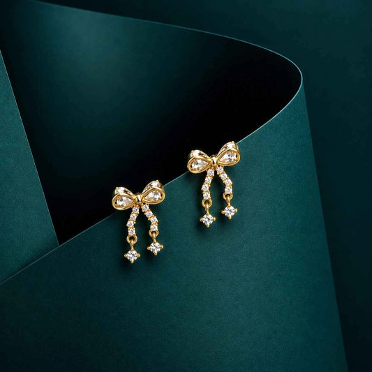 Golden Ribbon Sparkle Drop Stud Earrings