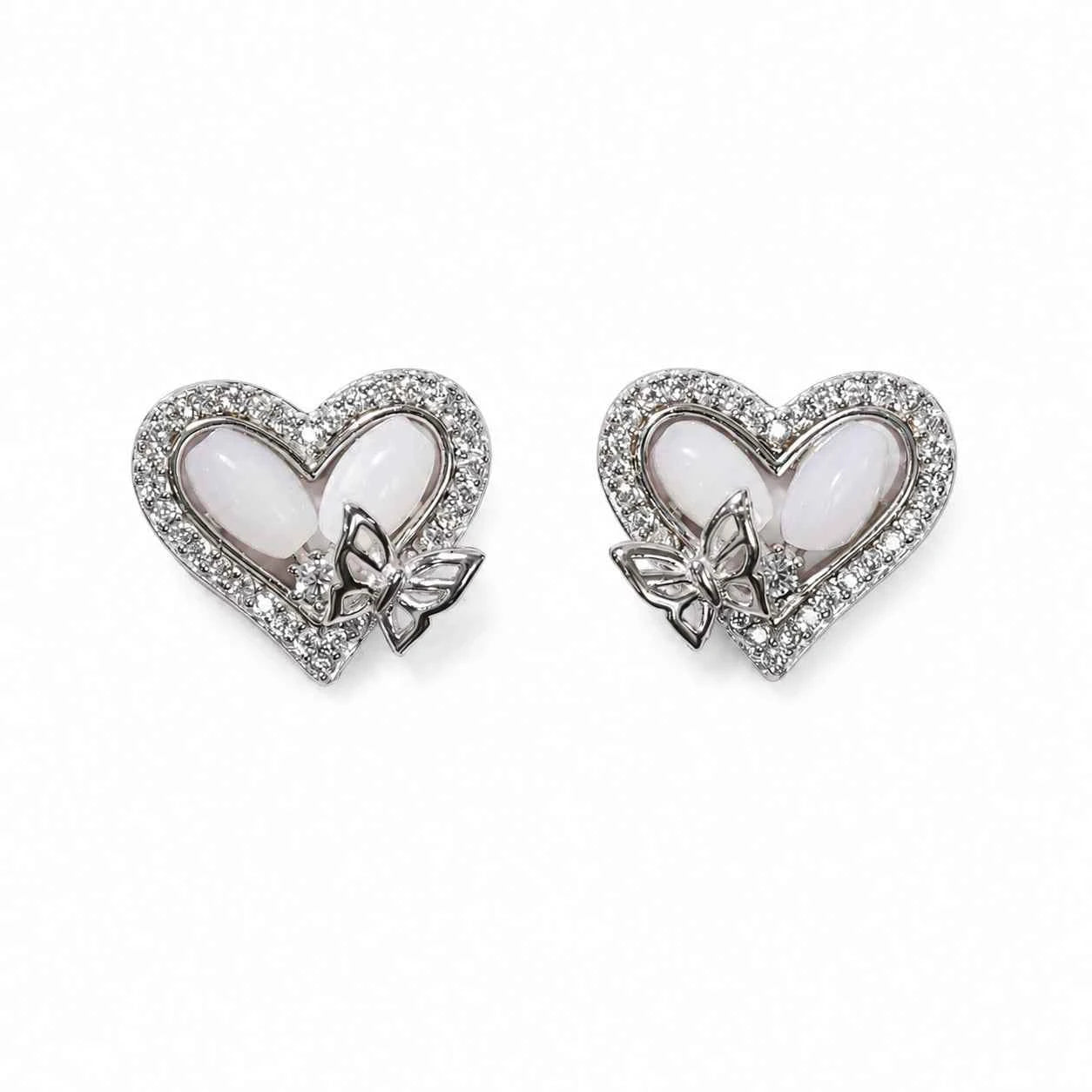 Heart Butterfly Stud Earrings - 925 Silver Jewelery