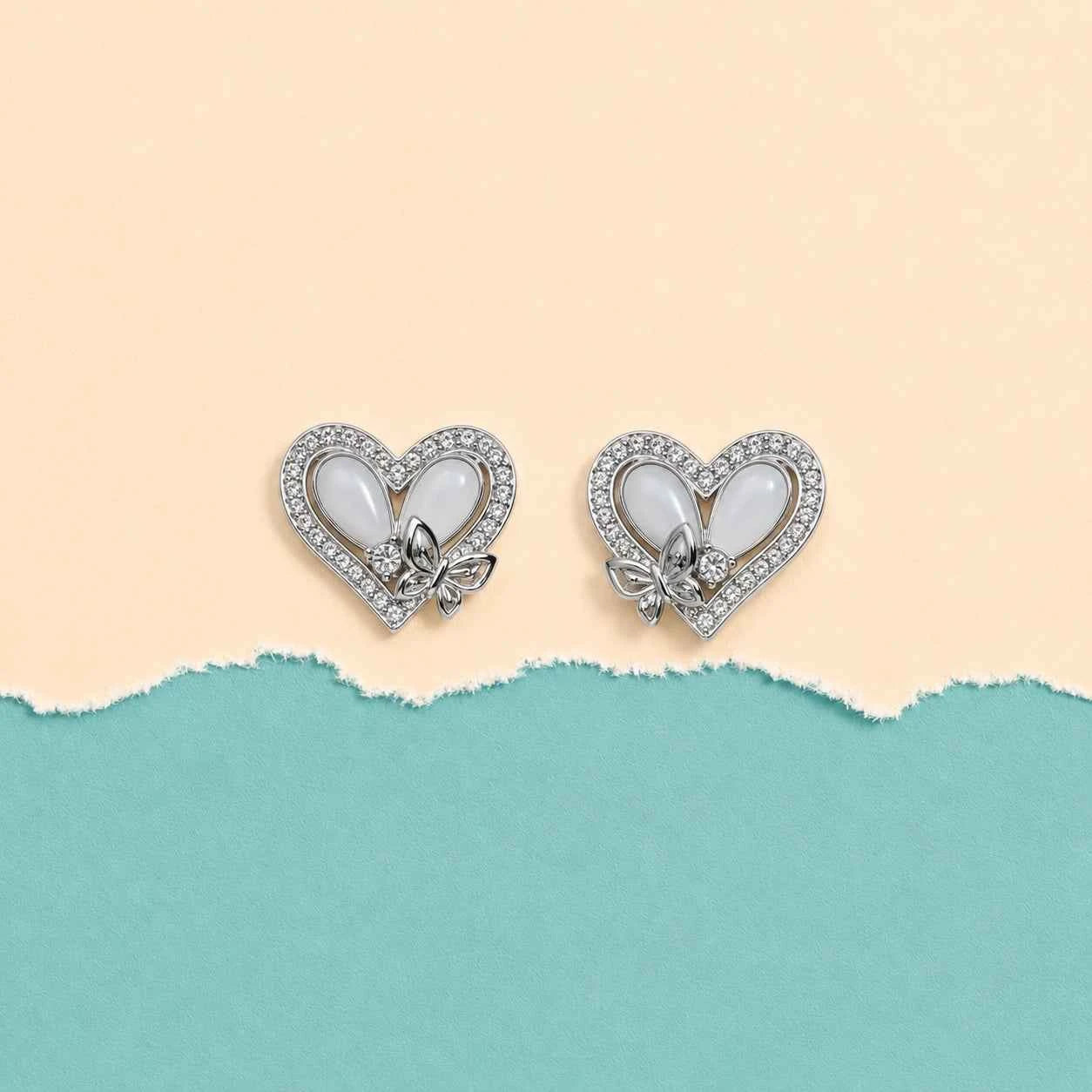 Heart Butterfly Stud Earrings - 925 Silver Jewelery