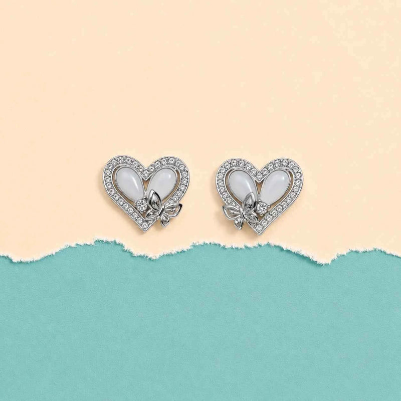 Heart Butterfly Stud Earrings - 925 Silver Jewelery