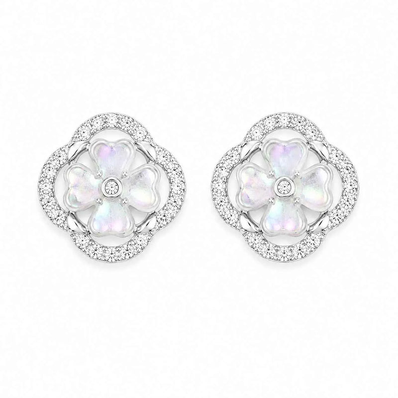 925 silver flower stud earrings with iridescent mother-of-pearl petals and diamond halo