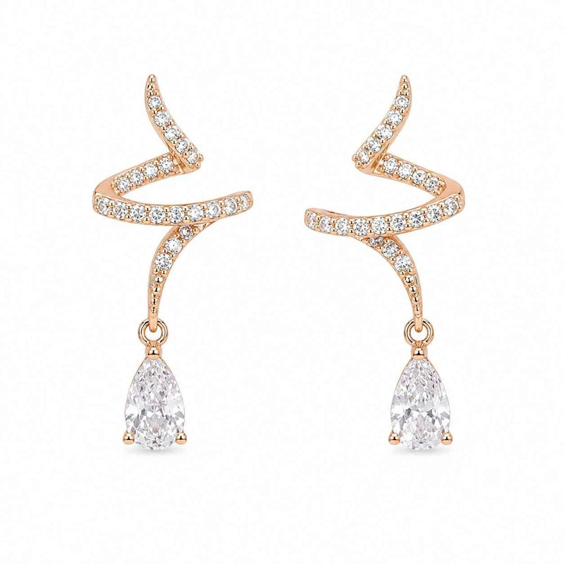 Rose gold twist drop earrings with zigzag sparkle studs and teardrop crystal drops