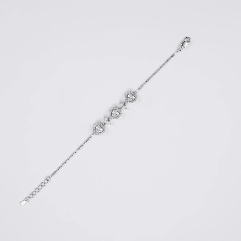 Heart CZ bracelet in 925 silver with round heart charms and lobster clasp