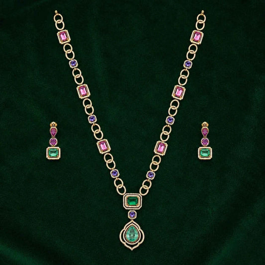 Gold-tone multicolor gemstone necklace set with square link stations, teardrop pendant, and matching earrings