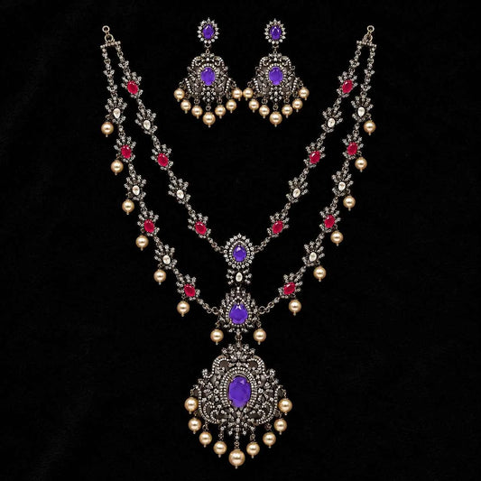 Antique bridal jewellery set: purple oval pendant necklace with red and pearl drops, earrings