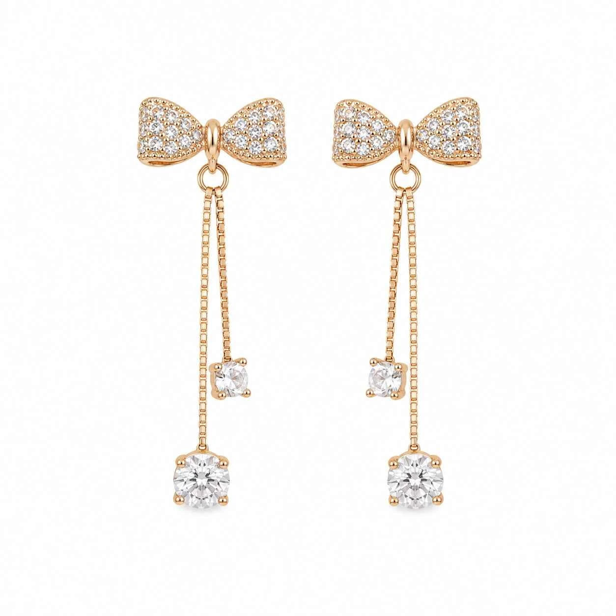 Bow tassel drop earrings in 925 silver with bow and crystal tassel drops