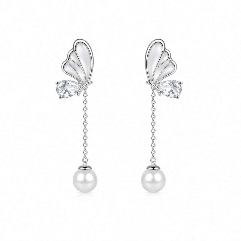 Pair of silver butterfly drop earrings with crystal-like accents and pearl drops