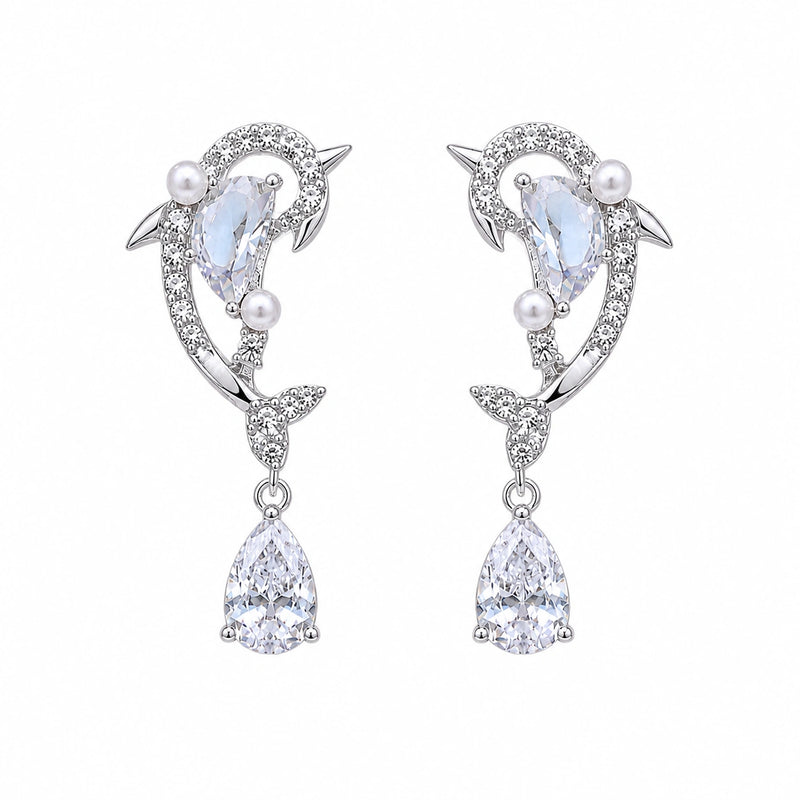 Dolphin pearl CZ drop earrings in silver, front view with clear teardrop drop and pearl dangles