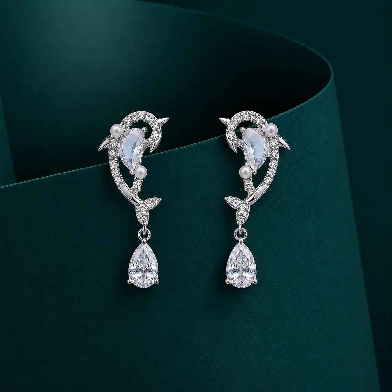 Dolphin Pearl CZ Drop Earrings