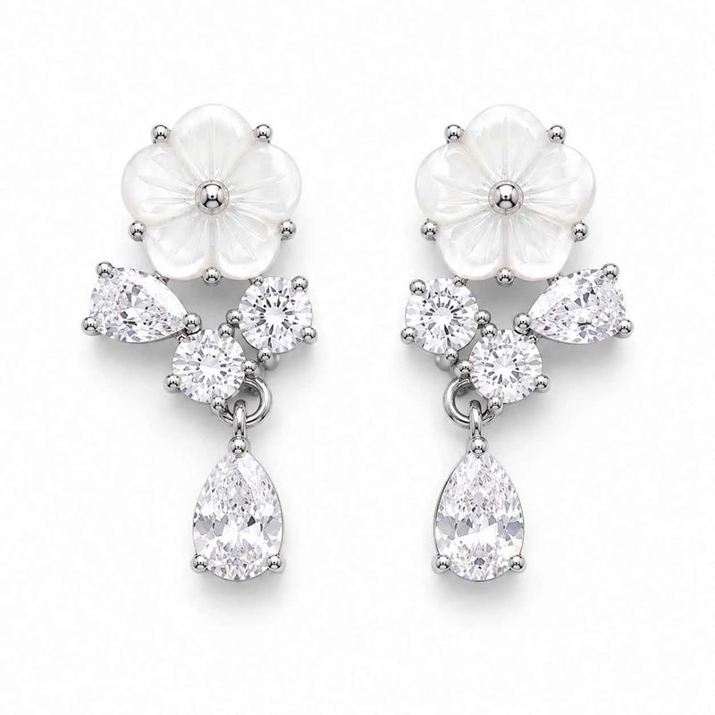 Floral drop 925 silver earrings, white enamel flower with three crystal drops
