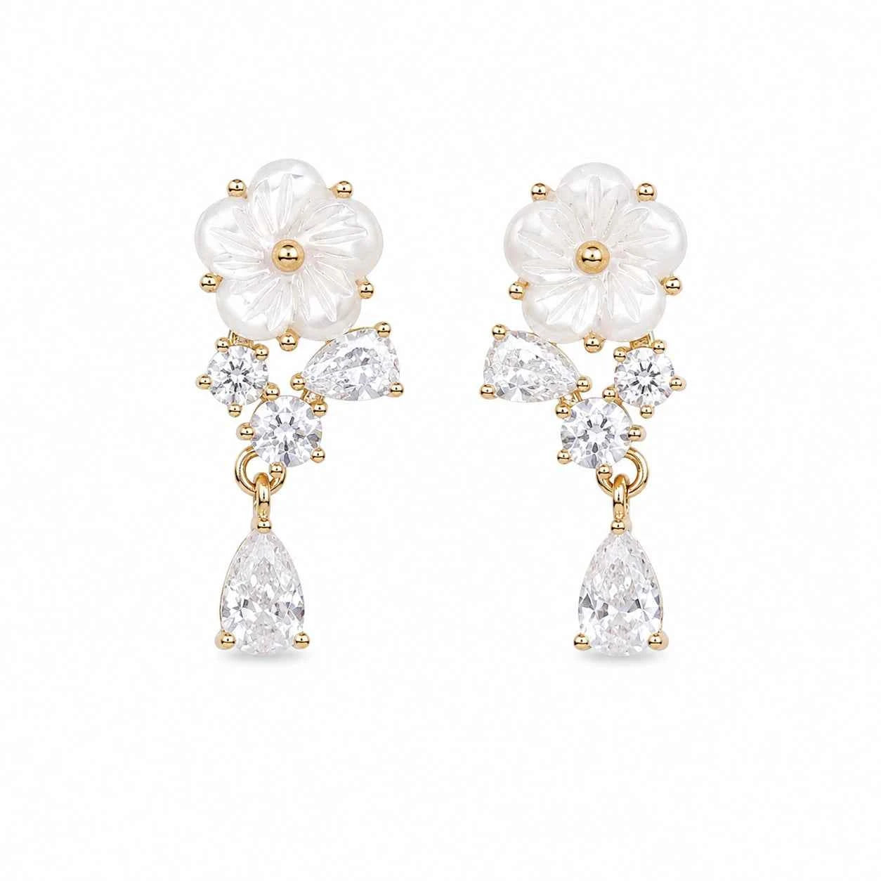 Floral crystal drop earrings with flower tops and pear-shaped crystal drops