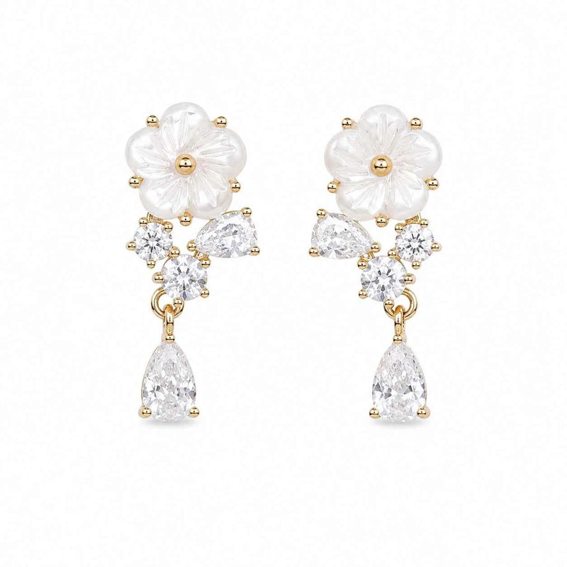 Floral crystal drop earrings with flower tops and pear-shaped crystal drops