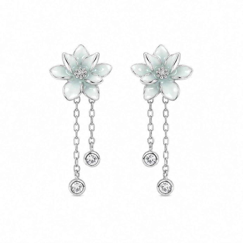 Floral tassel 925 silver drop earrings with white flower and two chain tassels, round stones