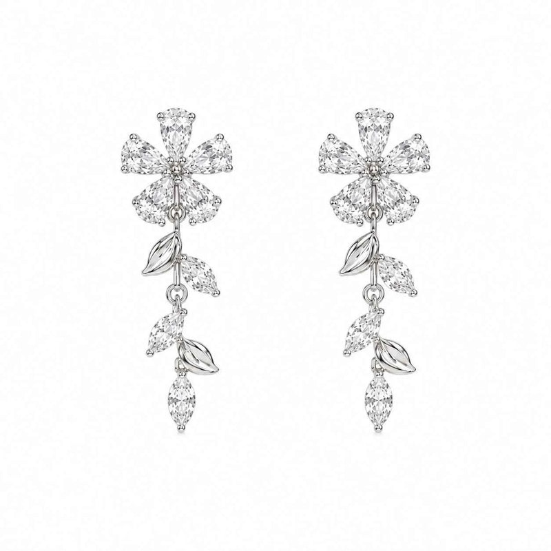 925 silver floral vine drop earrings with marquise and teardrop stones
