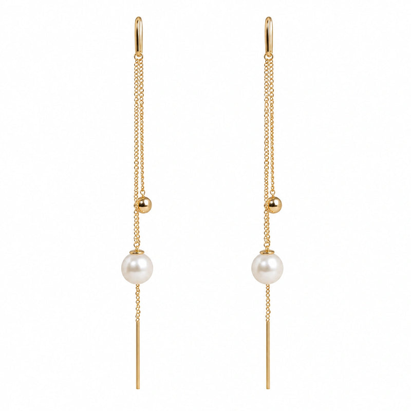 Pair of pearl tassel earrings, gold-tone chain with round white pearl and straight drop