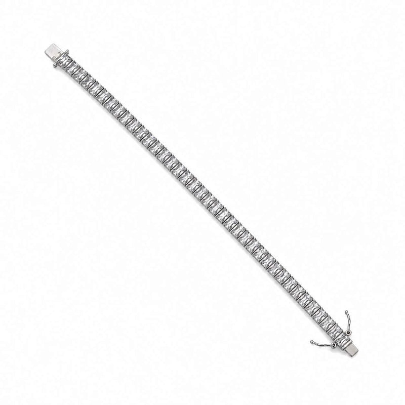 925 silver tennis bracelet with square-cut stones and secure clasp, flat view