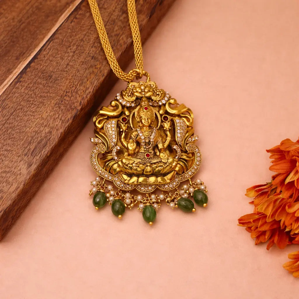 Seated Lakshmi Motif Gold-Plated Silver Pendant
