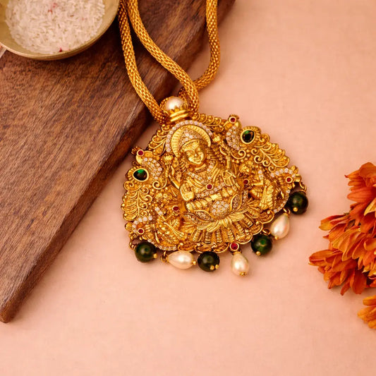 Ornate Lakshmi Temple Motif Gold-Plated Silver Pendant