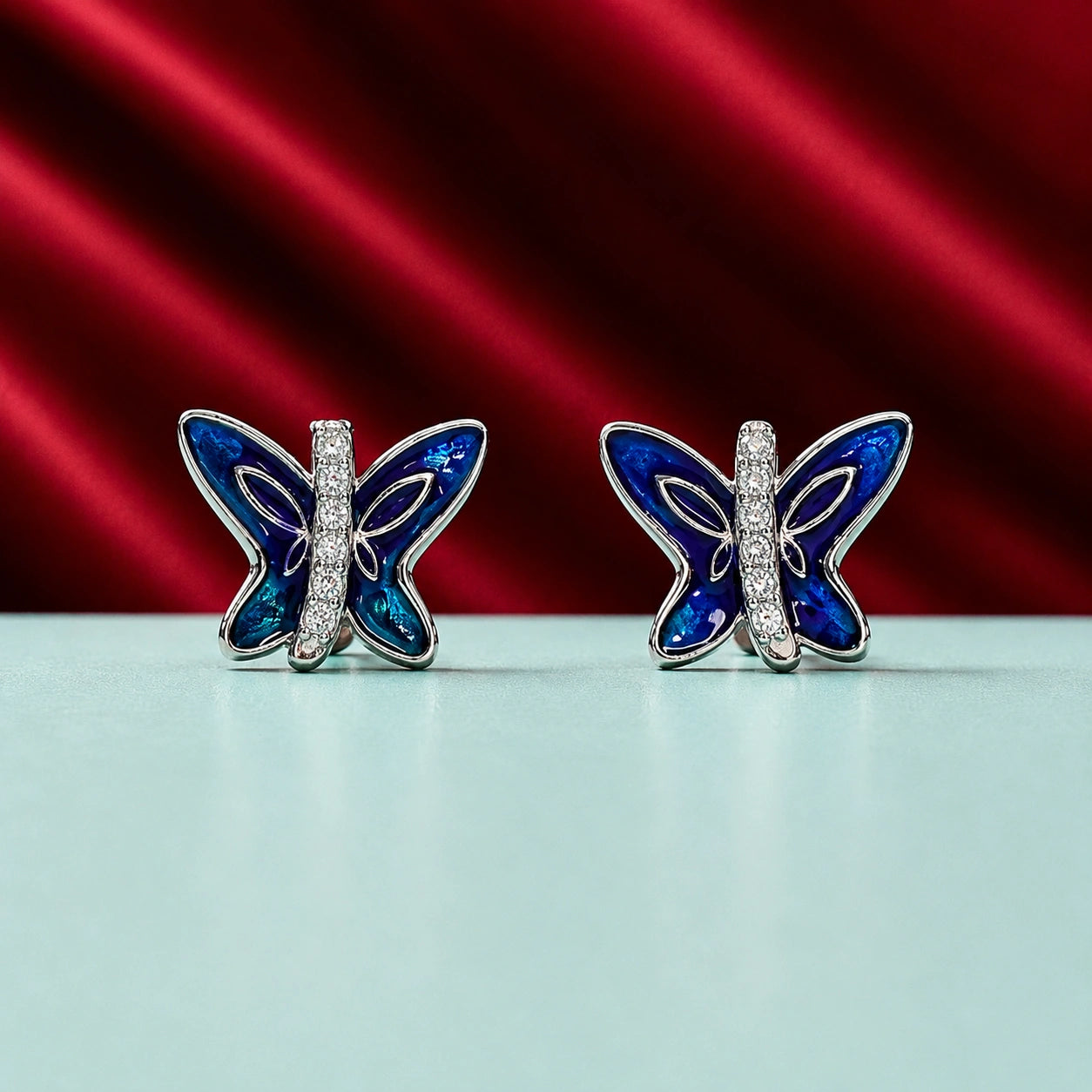 Blue Crystal Butterfly Silver Studs
