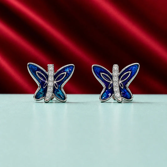 Blue Crystal Butterfly Silver Studs