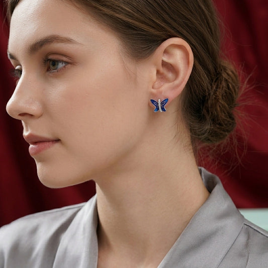 Blue Crystal Butterfly Silver Studs