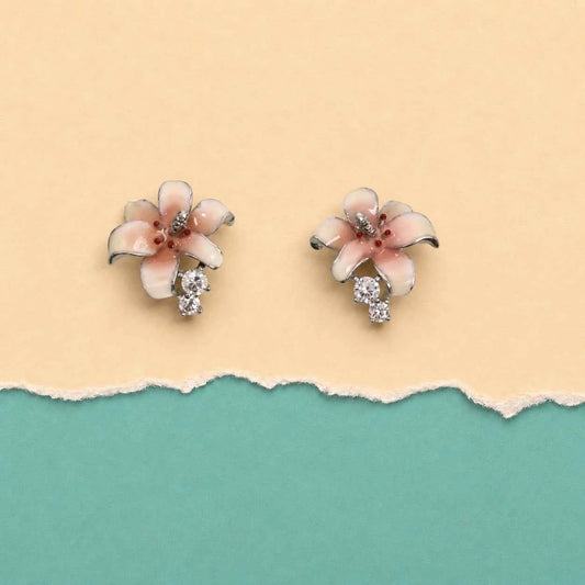 Pink flower stud earrings with red center and clear crystal drop, silver-tone posts