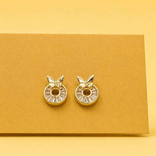 Gold butterfly halo stud earrings with round halo and small stone details