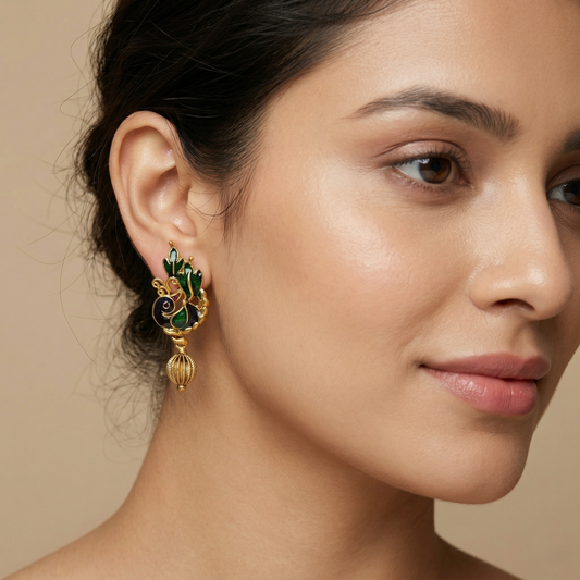 Antique Gold Plated Peacock Enamel Earrings with Green Accents & Gold Drop